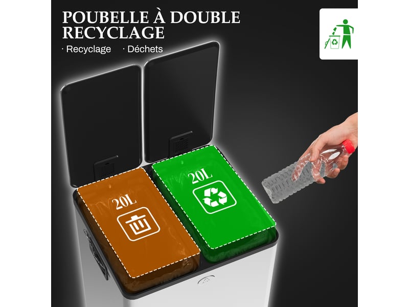  Poubelle de cuisine à pédale double 2x20l en acier inoxydable 45,8x36x51,6 cm  - Conforama D