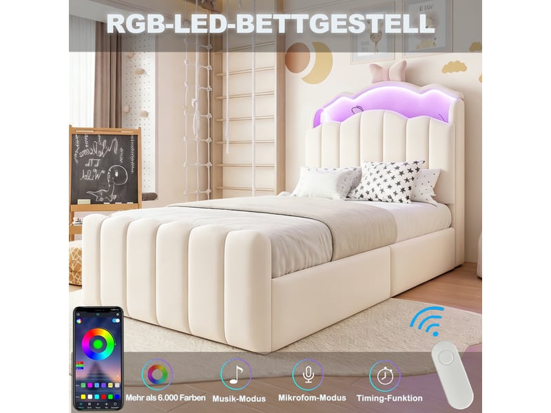  Lit coffre 90x200 cm - lit enfant 90x200 - lit simple en velours avec led rgb, prises usbtype-c &amp; tête rabattable - blanc  - Conforama B