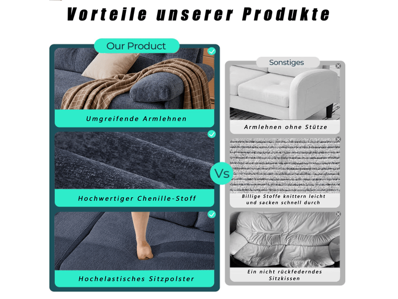  Canapé d'angle fixe 3 places en tissu bleu, méridienne réversible gauchedroite et accoudoirs rembourrés  - Conforama D