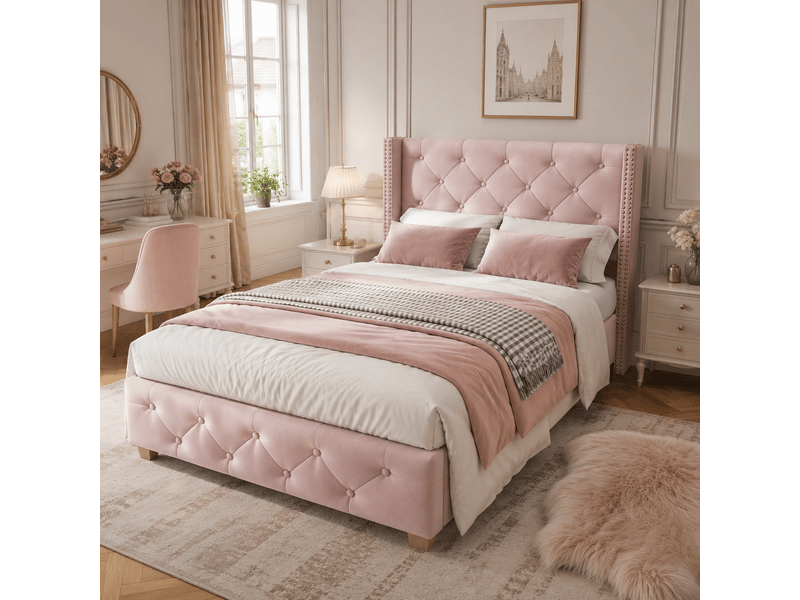  Lit simple capitonné 90x190 cm - avec sommier à lattes et tête de lit - capitonnage à boutons - tissu velours - gris (sans matelas)  - Conforama E