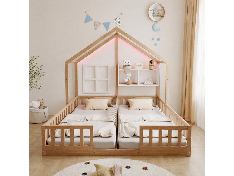 Lit cabane enfant à 2 couchages 90x200 cm avec led et barrières, coloris bois naturel - Conforama D