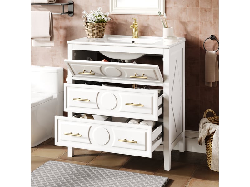 Meuble sous vasque avec 3 tiroirs à fermeture douce et vasque en céramique, rétro pour salle de bain, blanc, 81 × 46,5 × 86,5 cm - Conforama D