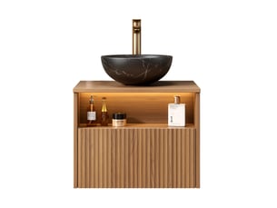Meuble vasque de salle de bain suspendu 60 cm noir et chene brun, vasque ceramique, tiroir et etagere