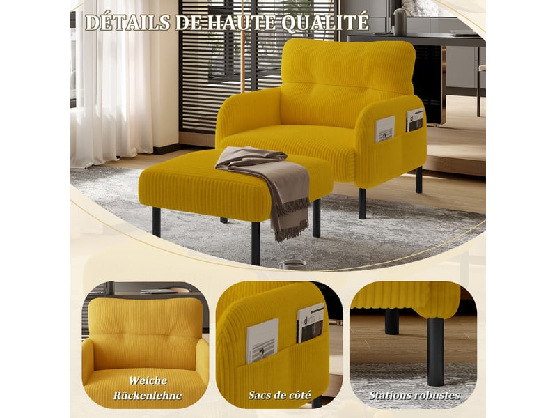  Fauteuil confortable fauteuil d'appoint 67x75x79cm siège profond, poche latérale, structure métal, velours côtelé jaune  - Conforama E