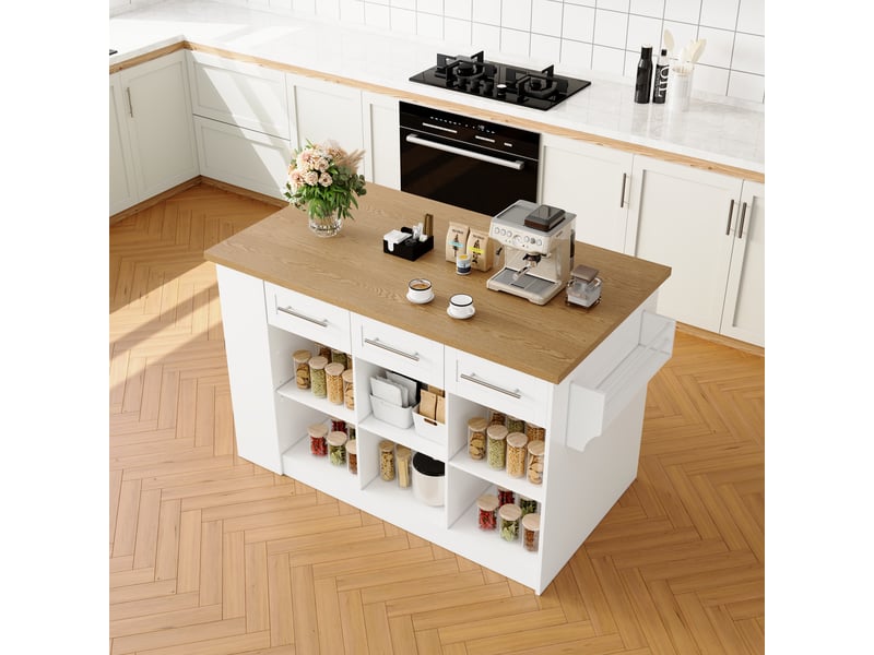  Îlot de cuisine avec 3 tiroirs muvano, table extensible, blanc et aspect bois, 120 × 60 × 90 cm  - Conforama A
