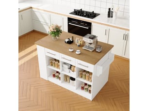 Îlot de cuisine avec 3 tiroirs muvano, table extensible, blanc et aspect bois, 120 × 60 × 90 cm