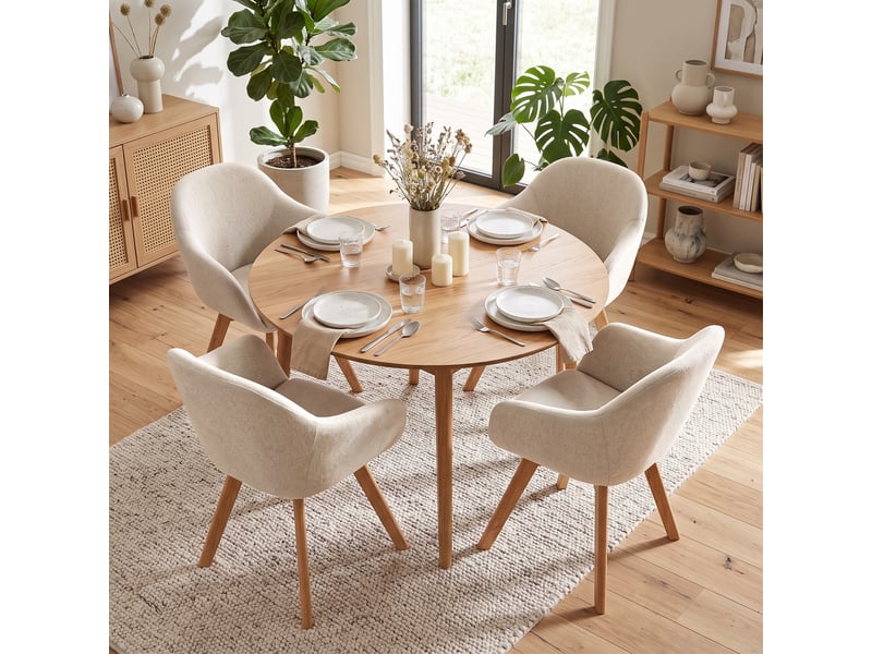 Lot de 4 chaises de salle à manger pivotantes à 360° – tissu effet lin respirant, pieds en bois massif - beige - Conforama B