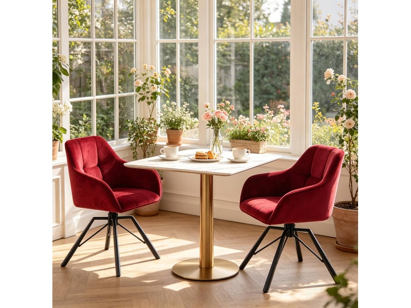 Lot de 2 chaises de salle à manger pivotantes 360° en velours rouge vin, avec accoudoirs et pieds métal noirs - Conforama D