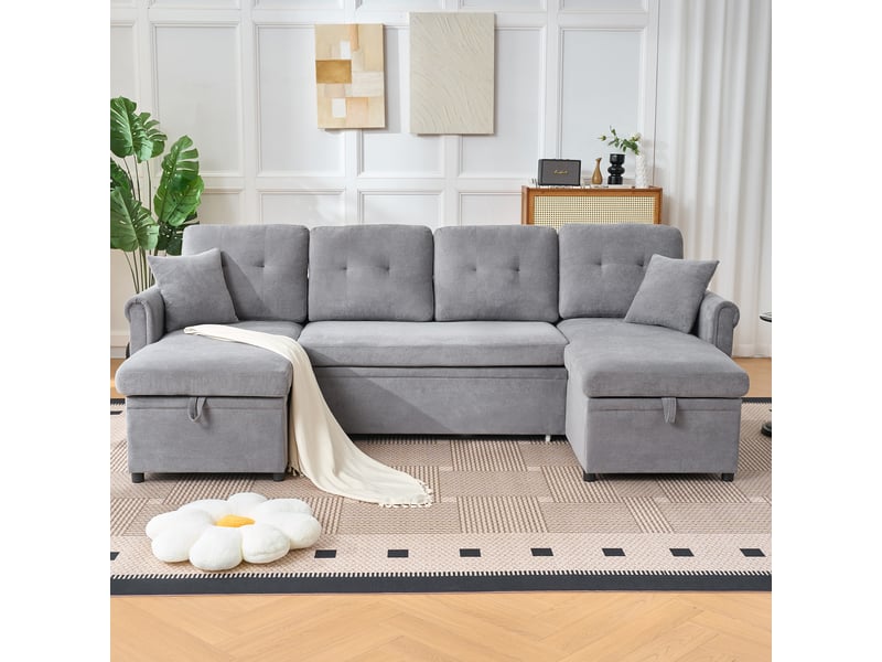  Canapé d’angle convertible en u gris en chenille, 4 places avec coffre de rangement et couchage pour salon ou chambre d’amis  - Conforama D