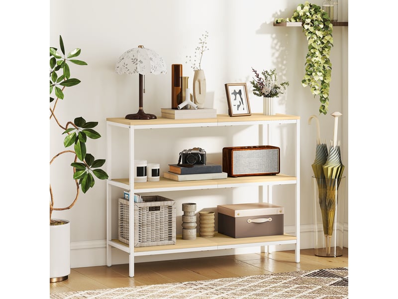  Console d'entrée avec 3 étagères ouvertes et pieds en métal, idéale pour un couloir, un salon ou une chambre. Coloris naturel et blanc.  - Conforama C