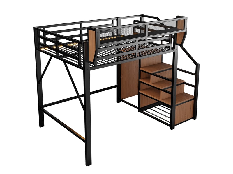  Lit mezzanine 140 x 200 cm avec led, échelle et rangement modulable, métal, noir Fay Lum - Conforama A