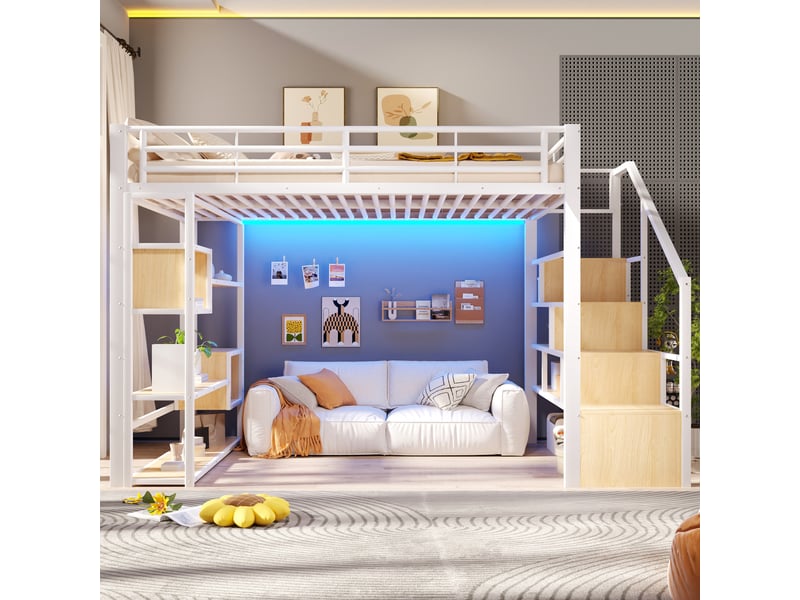  Lit mezzanine 140x200 cm, lit enfant, rangement, échelle sécurisée, barrière antichute, led, bois et métal blanc  - Conforama D