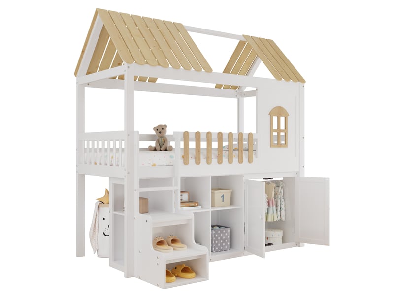 Lit mezzanine enfant simple 90×200 cm avec armoire, étagères et escalier - okmyhome- sans matelas, blanc naturel - Conforama A