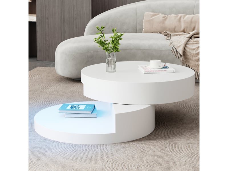  Table basse ronde à plateau pivotant 360 avec led et 2 niveaux de rangement pour salon, 70 × 70 × 35,5 cm  - Conforama C