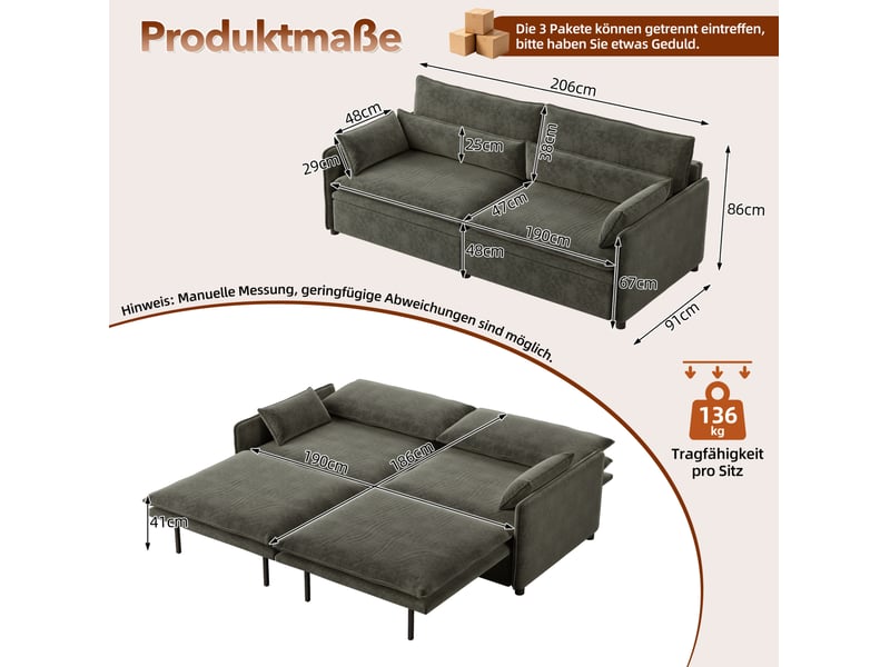 Canapé-lit 3 places 206x91x86 cm 3-en-1 avec rangement gris foncé - Conforama C