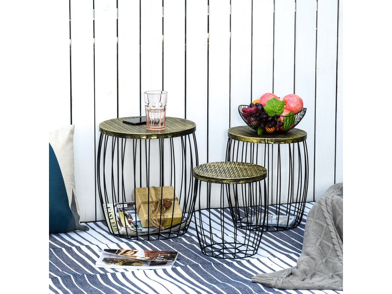 Ensemble de 3 tables d'appoint empilables pour jardin, style industriel, en métal avec plateau imitation rotin noir. - Conforama D