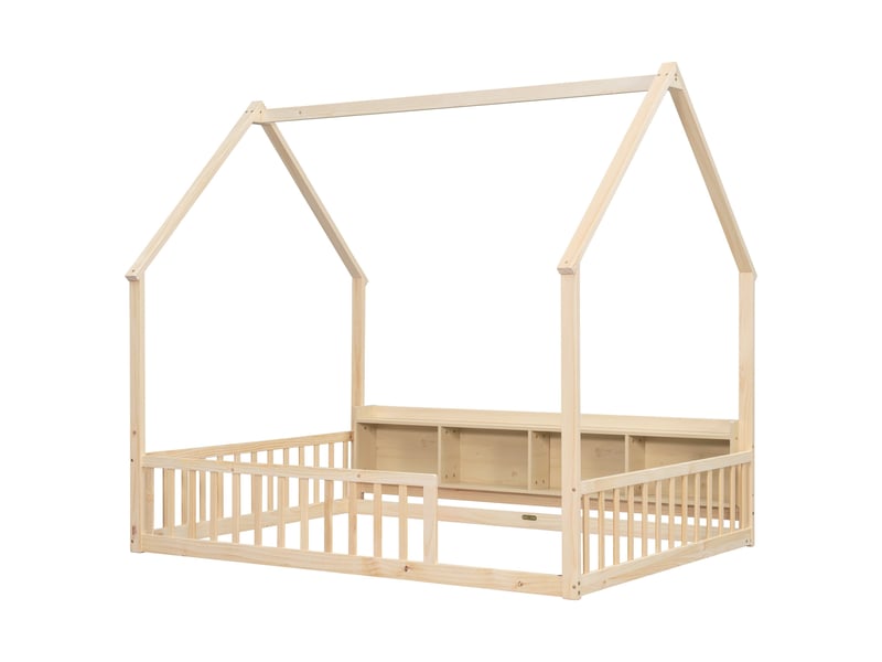  Lit au sol en bois en forme de maison, 140 x 200 cm, avec étagères de rangement, barrières de sécurité, couleur naturelle  - Conforama A