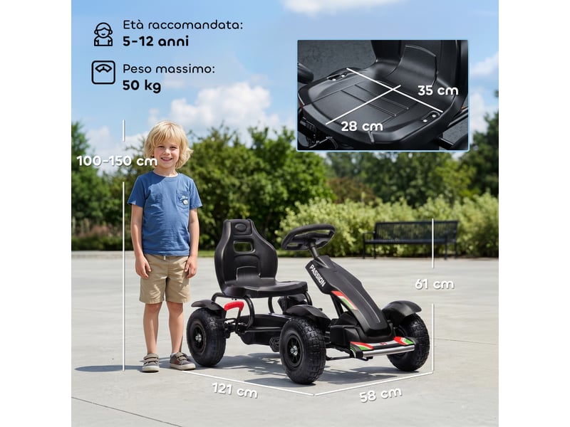  Karting à pédales pour enfants de 5 à 12 ans en pp et métal noir avec siège réglable et frein à main, 121 x 58 x 61 cm  - Conforama E