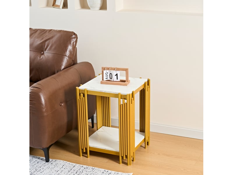  Table d’appoint moderne 43x40x55 cm, en mdf, structure métal, effet marbre, doré et coloris blanc  - Conforama D