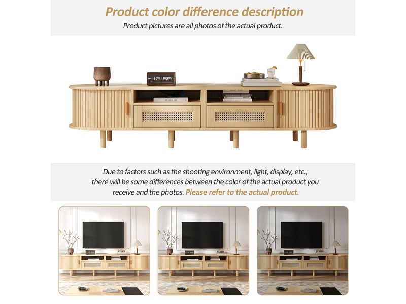 Meuble tv 170 cm ovale en mdf effet bois clair, rangement, portes coulissantes et tiroirs en cannage, jusqu'à 70 pouces  - Conforama R