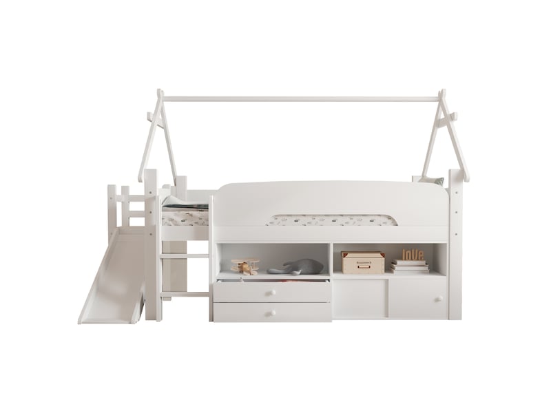 Lit cabane enfant 90x200 avec toboggan et rangement - lit mezzanine bois massif avec tiroirs, espace jeu, blanc - Conforama A