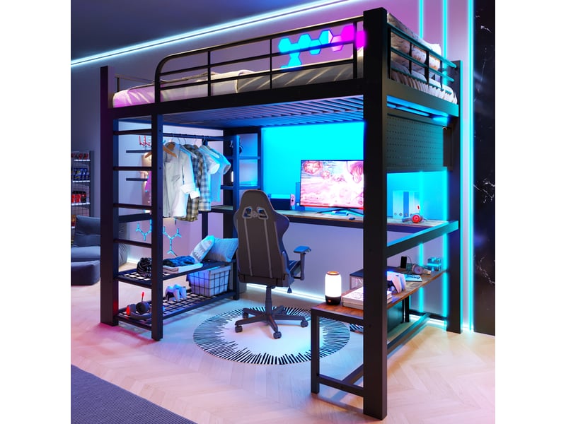  Lit superposé 140x200 cm, lit enfant, bureau, étagères, led, bois et métal noir  - Conforama D