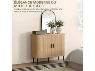 Buffet meuble de rangement avec portes coulissantes à lattes, ton chêne, armoire de cuisine avec pieds en acier