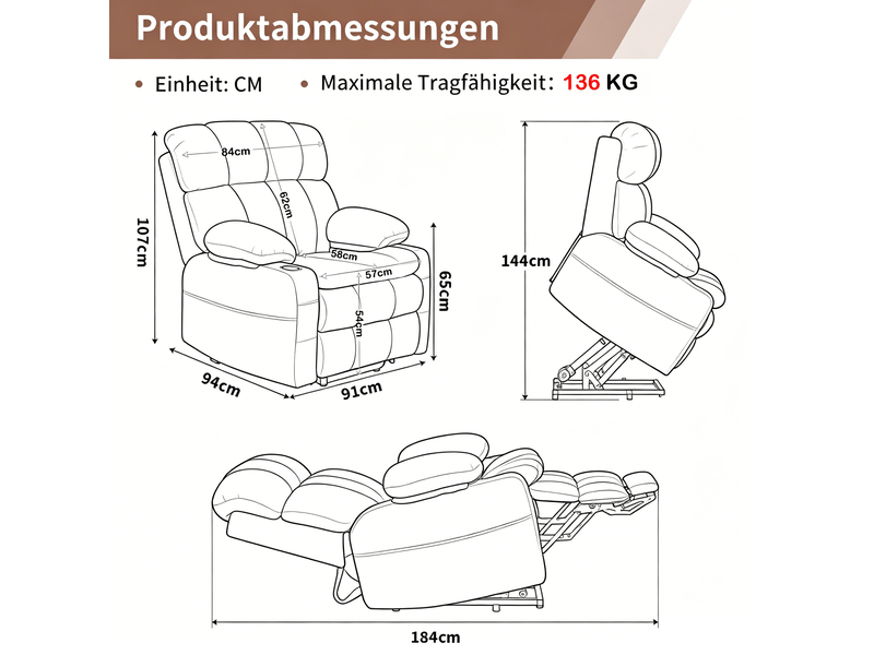  Fauteuil électrique 2 moteurs marron 91x94x107 cm – massage, chauffage lombaire et aide au relevage  - Conforama C