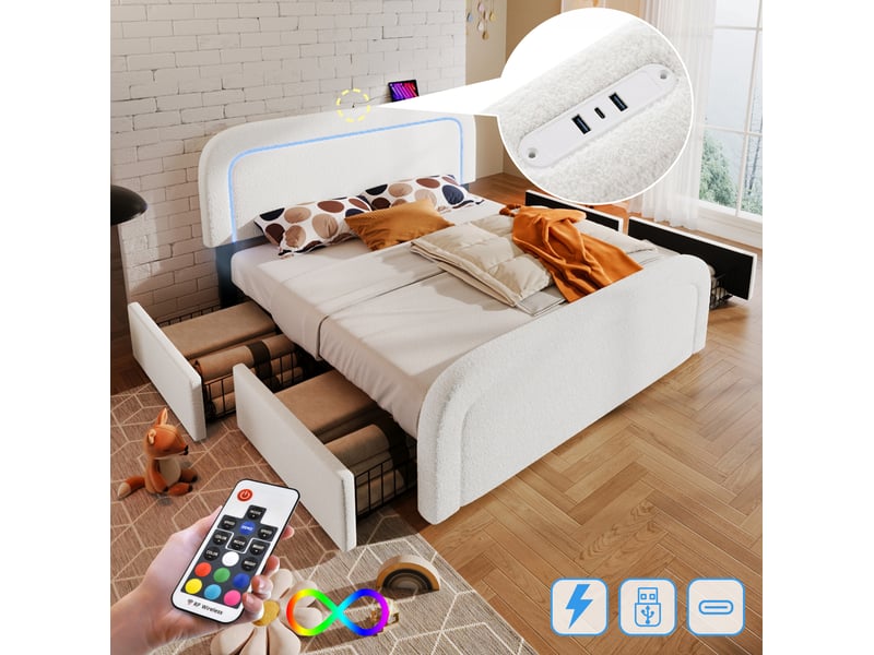 Lit 2 places 160x200 cm – blanc – led, charge usbtype-c, 4 tiroirs, tête de lit réglable, avec matelas - Conforama E