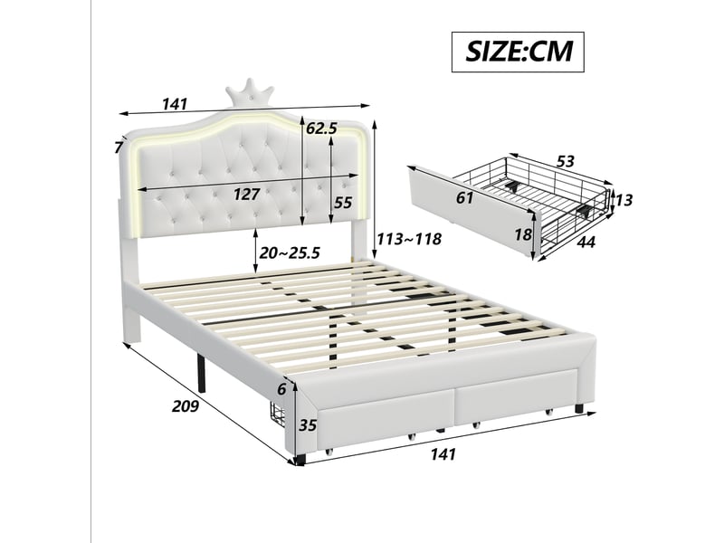  Lit double 140x200 cm avec 2 tiroirs, lit en pu blanc avec tête de lit en forme de couronne réglable et éclairage led, structure de lit avec sommier à lattes  - Conforama C