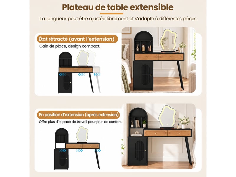  Coiffeuse avec miroir lumineux, plateau extensible, 2 tiroirs, noir et effet bois, 131 x 40 x 119,6 cm  - Conforama E