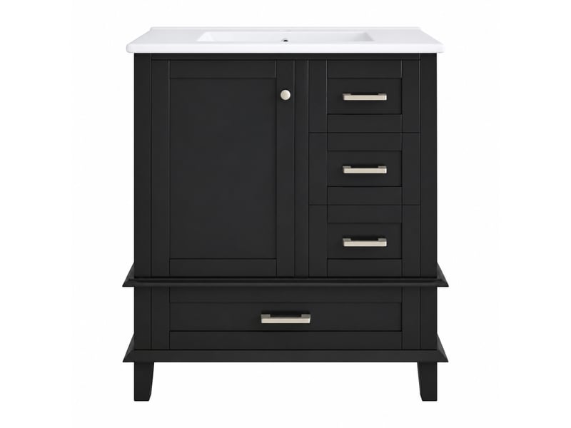  Meuble vasque noir 76 cm avec vasque en céramique intégrée, 3 tiroirs et 1 porte  - Conforama A