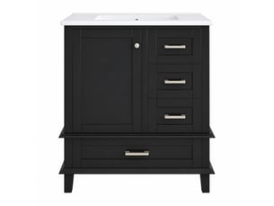 Meuble vasque noir 76 cm avec vasque en céramique intégrée, 3 tiroirs et 1 porte