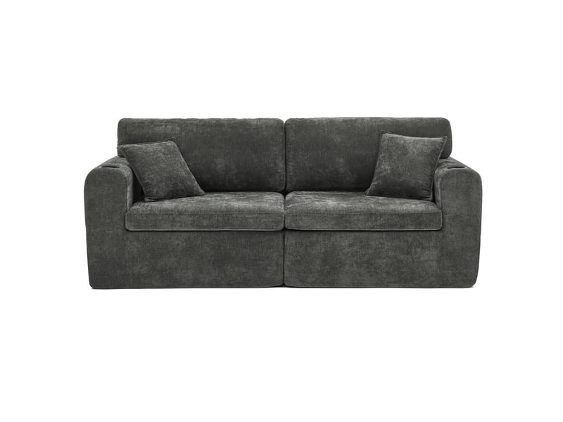 Canapé droit 2 places en tissu chenille noir avec rangement latéral et porte-gobelet intégré pour salon moderne - Conforama A
