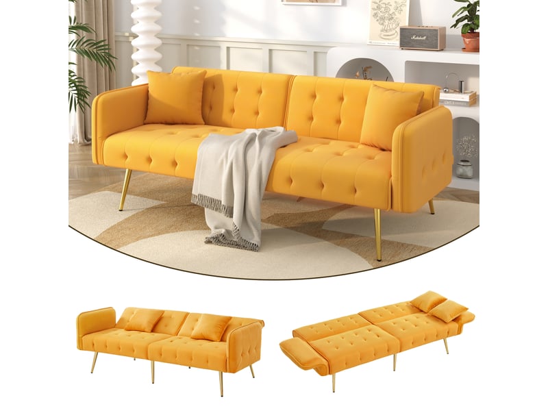 Canapé convertible 2 places, canapé en velours moderne avec dossier et accoudoirs réglables, pieds en métal doré, pour salon. - Conforama C