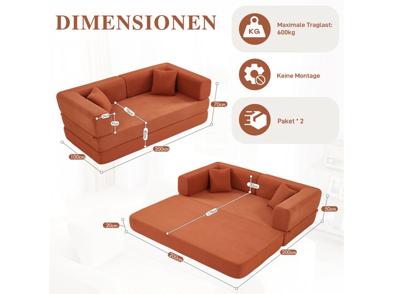  Canapé convertible 3 places en velours côtelé pliable orange chicfurn  - Conforama C