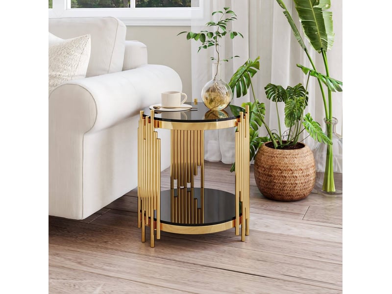  Bout de canapé rond 45x55 cm double plateau verre trempé, acier inoxydable, design luxe noir et doré  - Conforama B