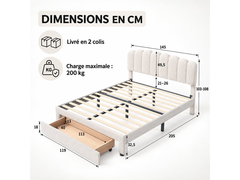  Lit double rembourré 140x200 cm avec tiroir, lit adulte avec rangement et ports usb, tête de lit coquillage réglable en hauteur, lit adulte avec sommier à lattes, beige  - Conforama C