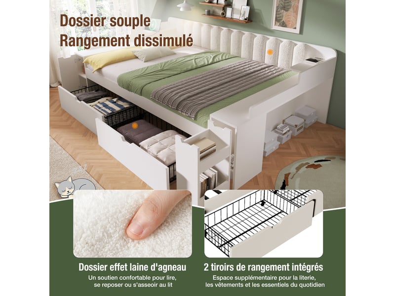  Lit banquette 140 × 190 cm avec rangement intégré, 2 tiroirs, étagères latérales, dossier sherpa, station usb type-c et sommier métallique - blanc  - Conforama E
