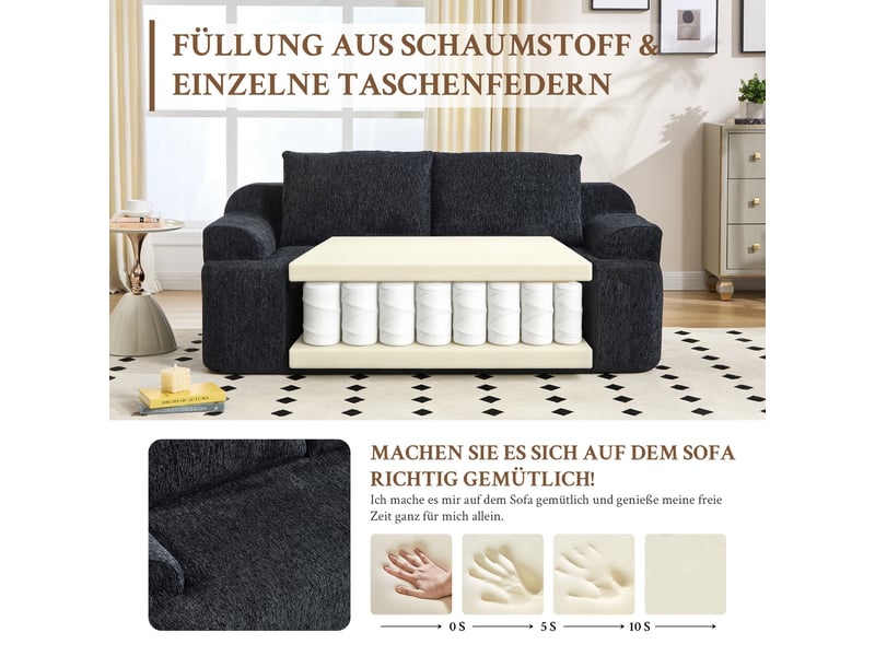  Canapé 2 places, assise profonde avec mousse à mémoire de forme, coussins, poche latérale, velours côtelé, noir  - Conforama D