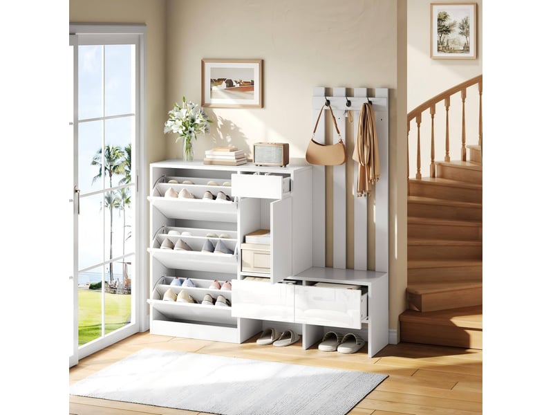 Vestiaire d'entrée 7-en-1 avec meuble à chaussures 160x35x160 cm blanc mdf - Conforama B
