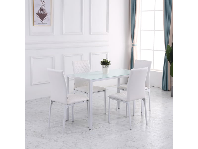  Table à manger pour 4 personnes, table de cuisine avec plateau en verre trempé et pieds en métal, 120x60x75cm, blanc  - Conforama D