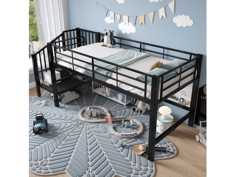  Modenvie lit mezzanine mi-hauteur 90x200 cm - escalier de rangement, sommier inclus - noir  - Conforama E