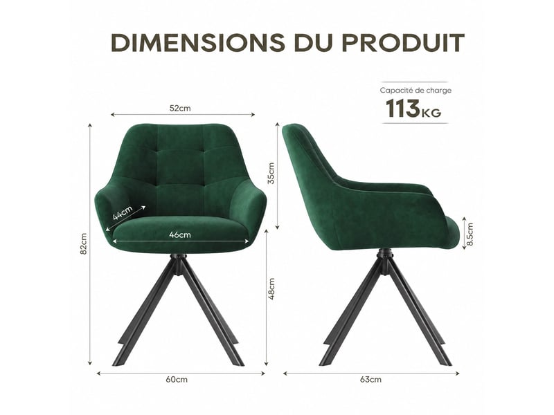 Lot 2 chaise pivotante premium avec demi-accoudoirs - chaise rotation à 360°base métallique haute stabilité, vert - Conforama C