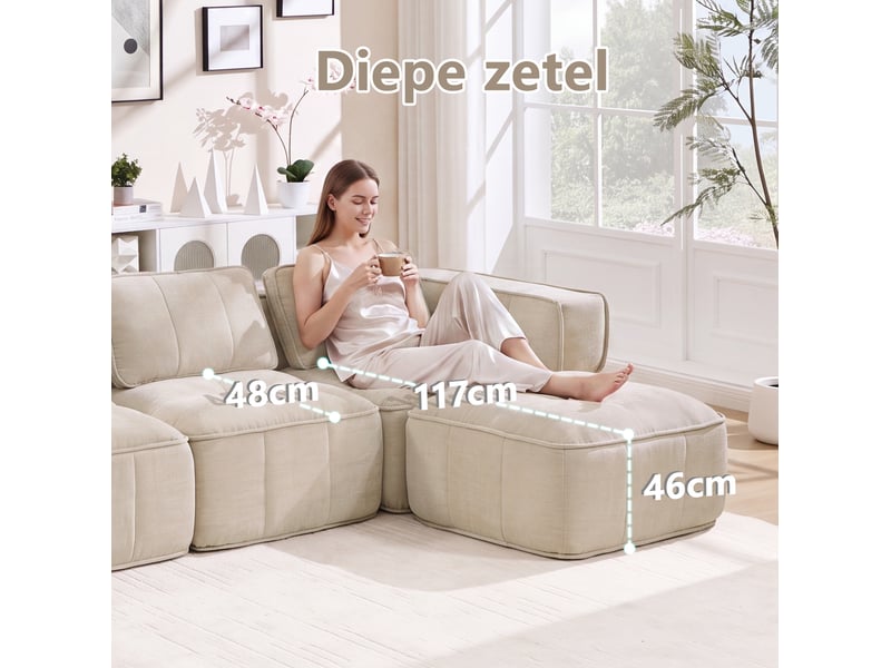 Canapé d'angle modulable 2 places avec pouf, en polyester beige  - Conforama D