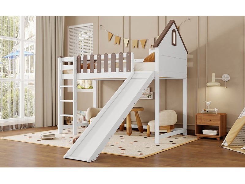 Lit mezzanine,90x200 cm,avec toit,fenêtre,échelle,toboggan,pin et mdf,blanc et noyer - Conforama B