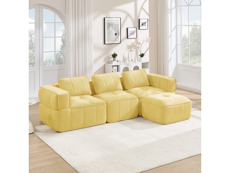  Canapé modulable, canapé 3 places, en tissu, jaune, avec pouf, pour salon, mobilier pour espace de vie, adapté à l'espace de vie  - Conforama A