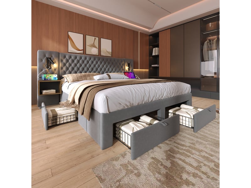 Lit 160x200 cm velours gris – rangements, chevets et ports usb, matelas inclus - Conforama E
