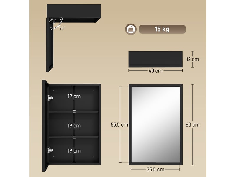  Armoire miroir de salle de bain armoire murale armoire à glace avec 1 porte et 2 étagères en acier noir 40 x 12 x 60 cm  - Conforama C