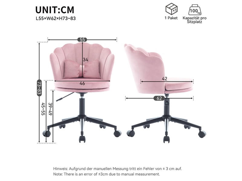  Chaise de bureau en velours rose 55x62x73-83 cm pivotante réglable  - Conforama C